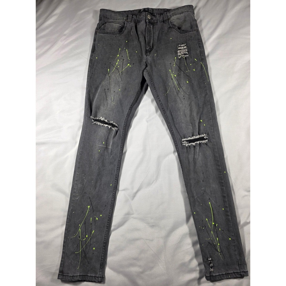 Serenade Skinny Jeans Men 36x32 Dark Gray Neon Paint Splatter Distressed Denim